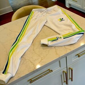 NWT Adidas soccer joggers men’s small white with blue, green,chartreuse stripes